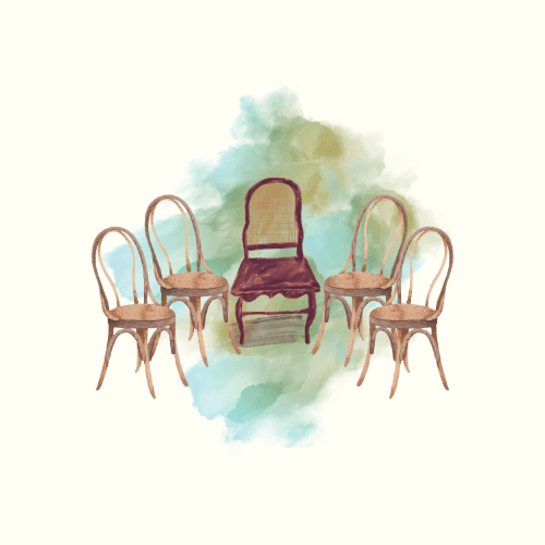 Five wooden chairs arranged in a circle with a watercolor background.